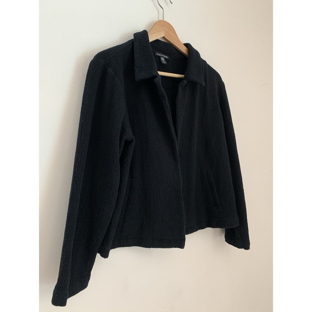 Eileen Fisher Organic Cotton Tweed Classic Collar Jacket Sz M Open Front Stretch